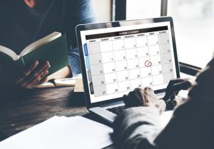 closeup computer laptop screen showing calenda with date month 53876 30070