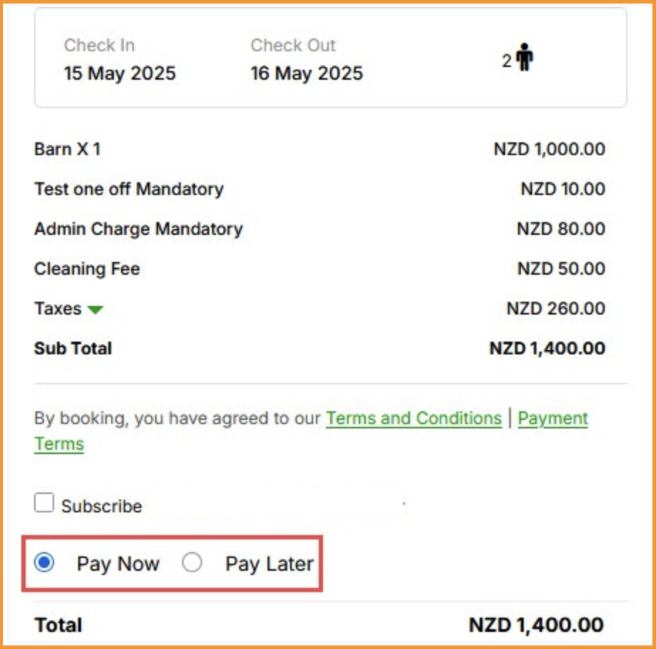 'Pay Now' and 'Pay Later' choices